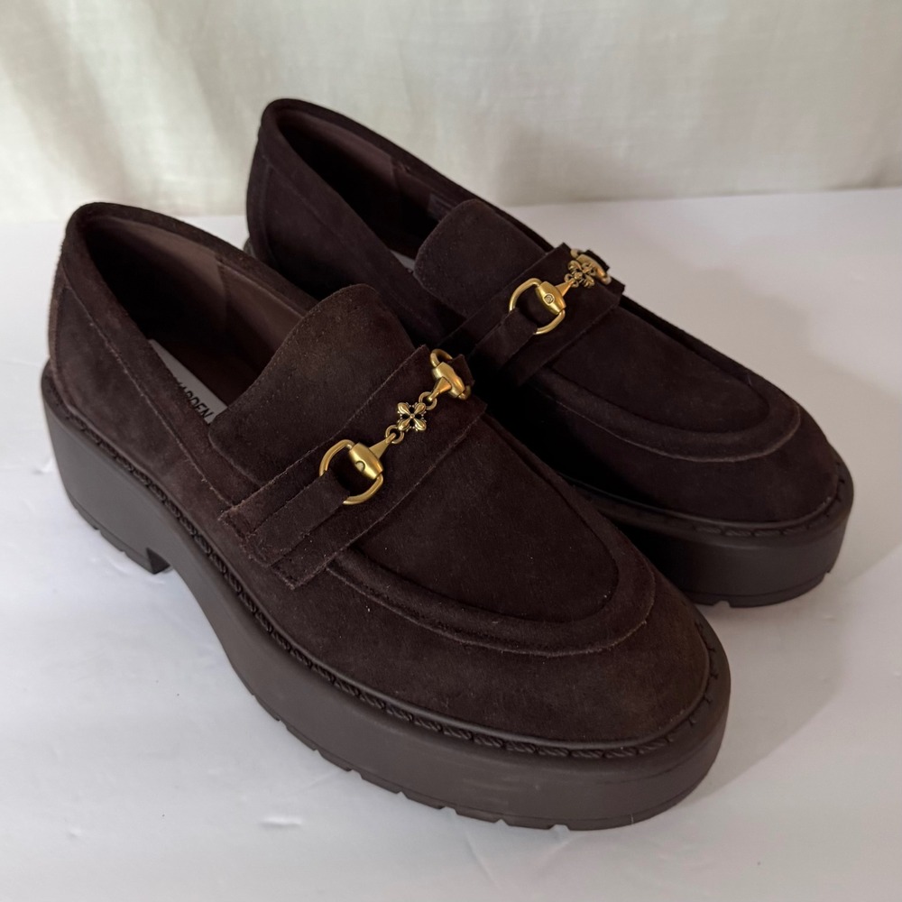 Steve Madden Brown Suede Platform Loafers Gold Horsebit Lug Sole Shoes